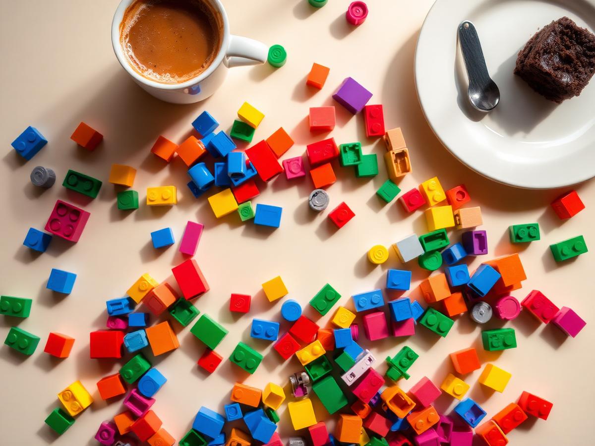 Colourful bricks around a coffee and brownie