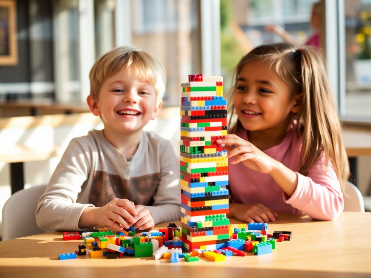 Two kids building a LEGO® tower
